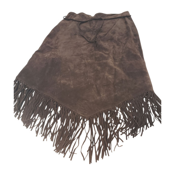 Zebra Leather Skirt sz 10 Brown Suede Fringe Hem & Tie Belt Western Movement - Picture 3 of 10